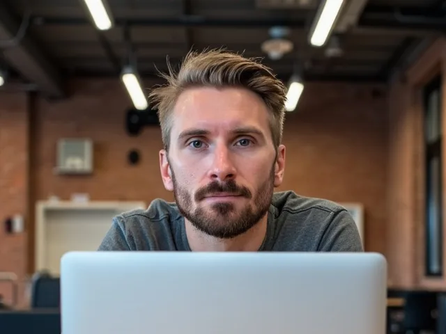 Kyle Rutten of Bullfinch at a laptop in a brick-walled workspace, looking at the camera