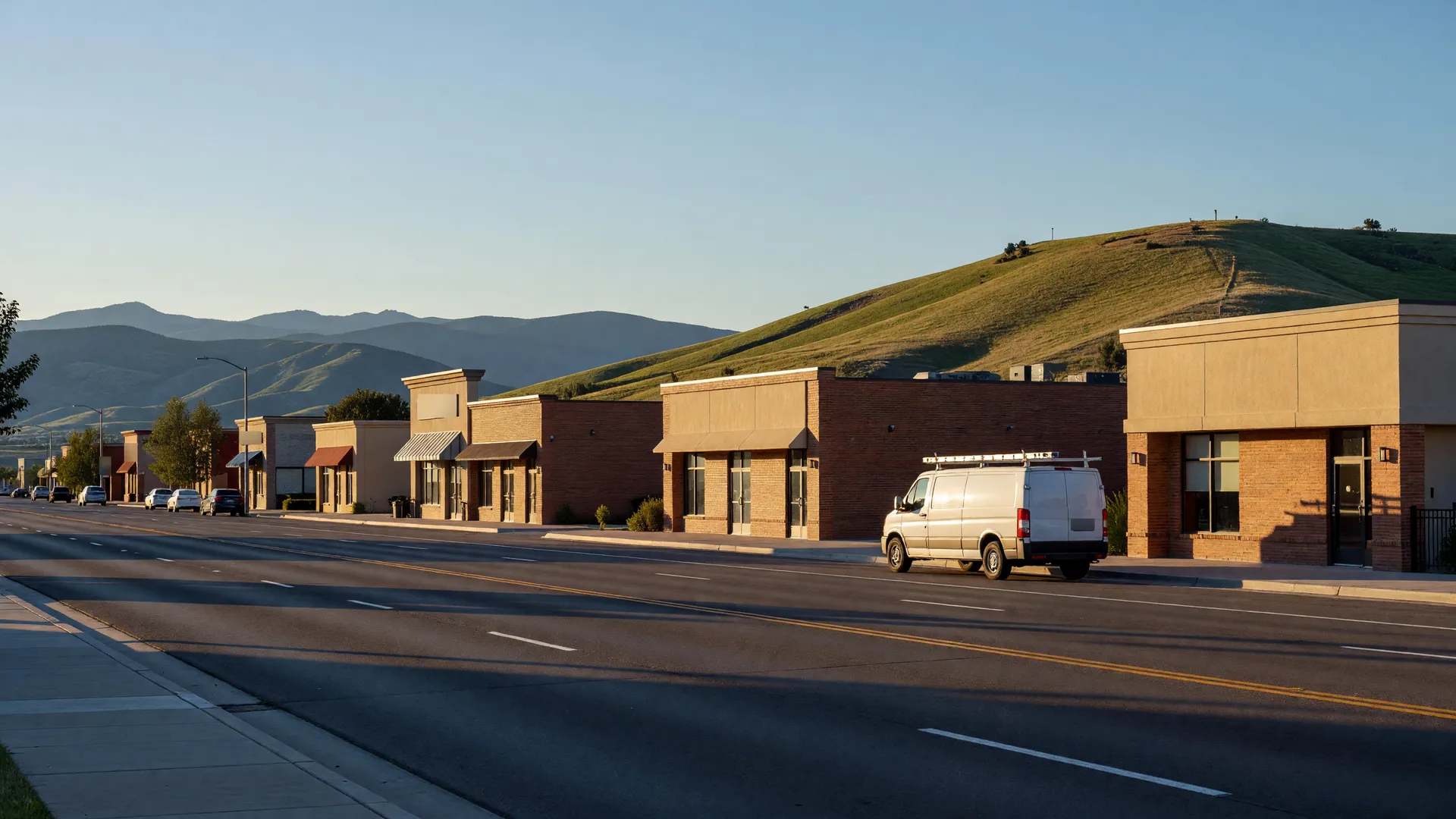 A tradesman's white van parked by brick and stucco shops on a wide avenue, green foothills behind, late afternoon