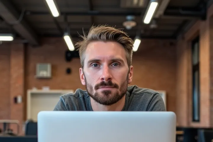 Kyle Rutten, who writes, designs and builds Bullfinch's landing pages, at his laptop in a bright brick studio.