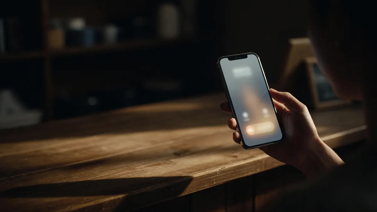 A hand holds a phone glowing with an incoming call over a wooden shop counter in warm afternoon light.