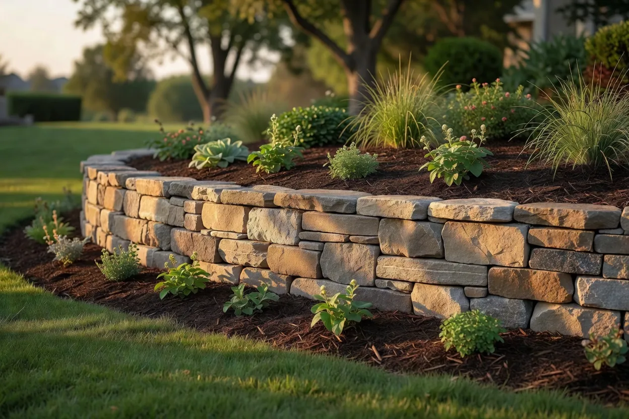 New natural stone retaining wall in late-afternoon sun, with fresh mulch and young plants above and below it