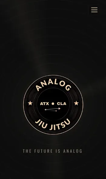 Analog Jiu Jitsu homepage on a phone: a round record-style gym badge on a near-black background