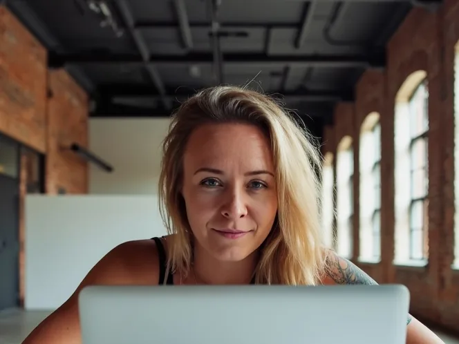 Katie Rutten at a laptop in a sunlit brick studio with tall arched windows