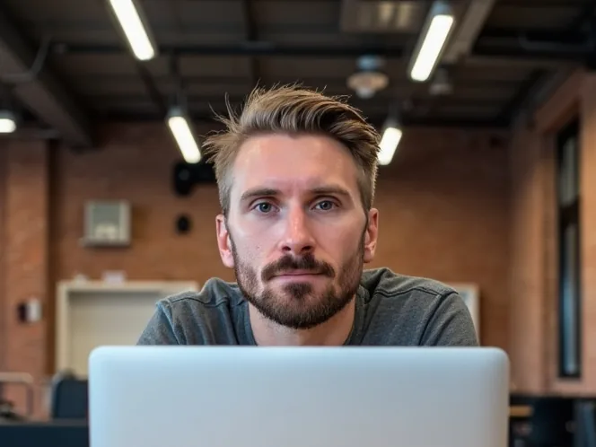Kyle Rutten at a laptop in a bright brick-walled studio, looking at the camera