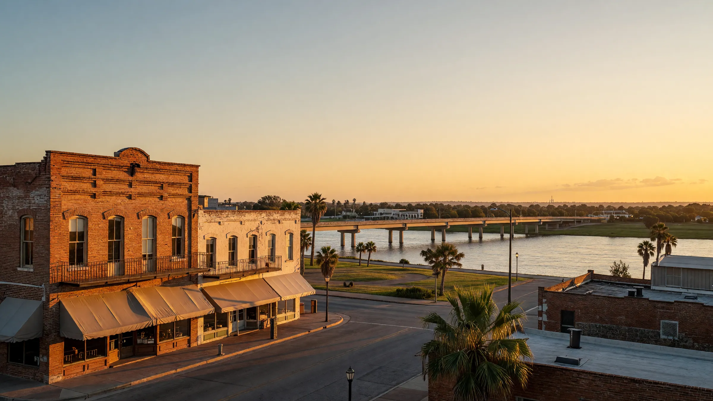 Golden-hour river with a road bridge to the far bank, beside old brick storefronts in a low South Texas downtown
