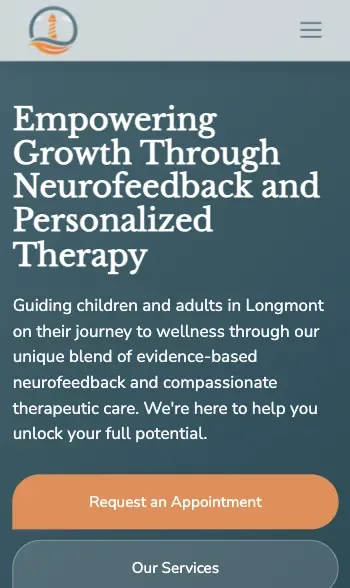 Lighthouse Therapeutics homepage on a phone: therapy headline over a blue-grey background, orange appointment button