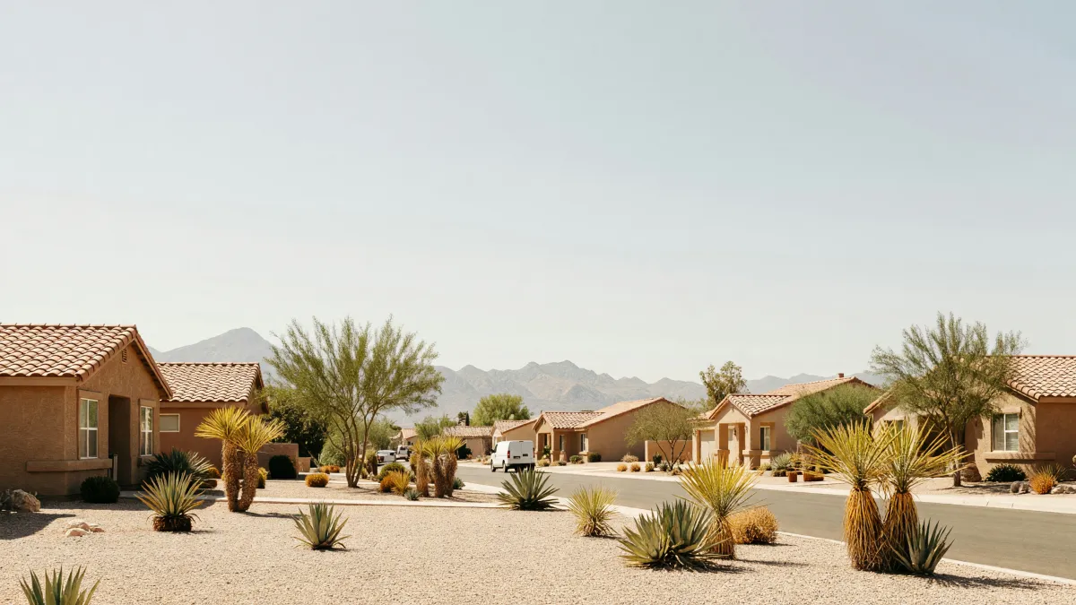 Tan stucco homes with tile roofs and gravel yards, a white van at the curb, the Spring Mountains hazy behind