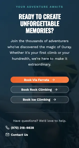 Basecamp Ouray's phone screen: three buttons to book via ferrata, rock or ice climbing, with the phone number below