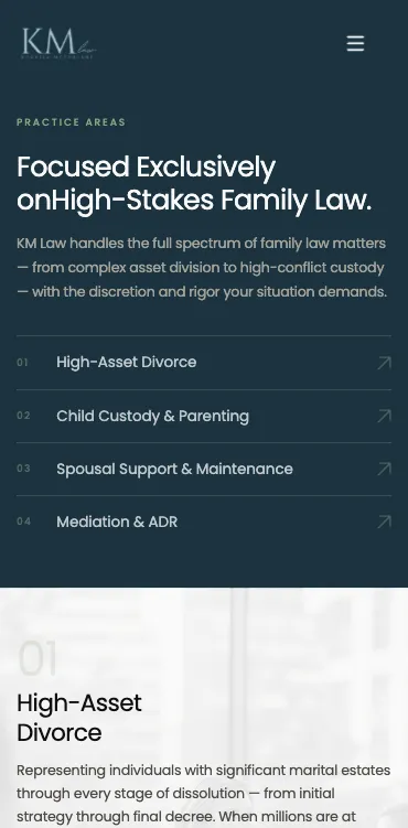 KM Law's four family law practice areas listed on a phone screen