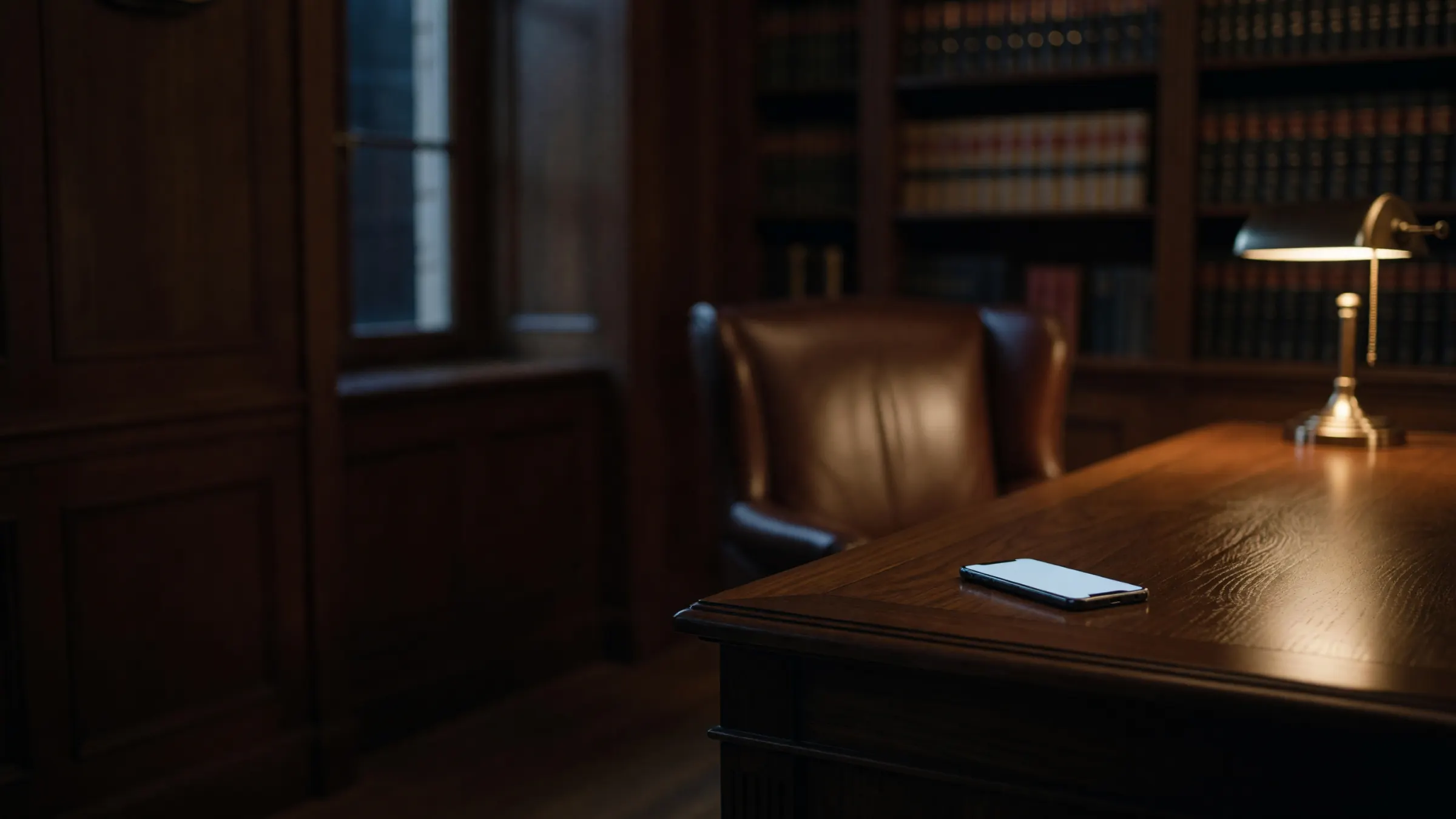 An empty law office at dusk, a brass desk lamp lighting a walnut desk where a phone lies face-up, its screen glowing
