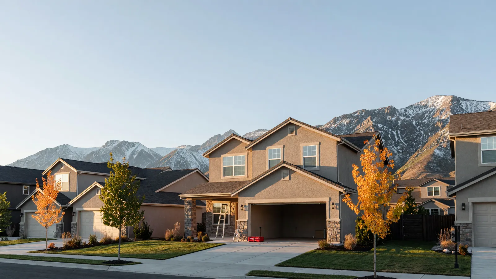A stucco and stone house in a Layton subdivision, garage open, snow on the Wasatch peaks behind