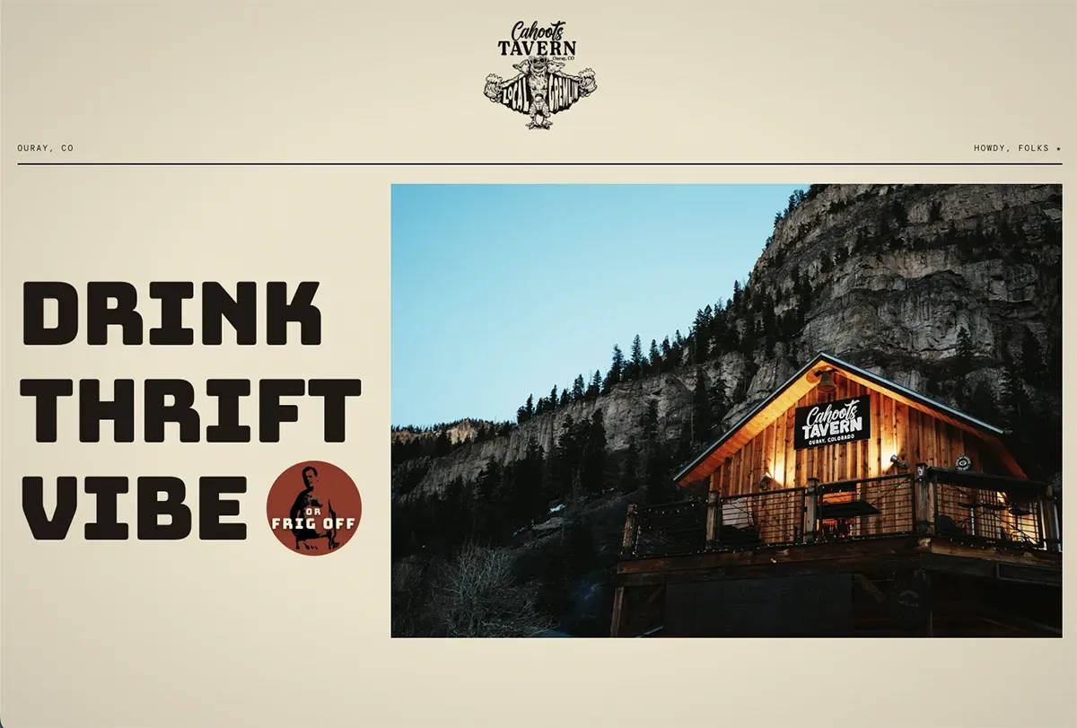 The Cahoots Tavern homepage: a cream page reading "Drink Thrift Vibe" beside the tavern lit up under a cliff