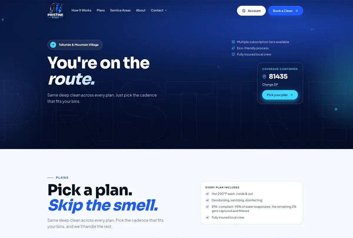 A Pristine Bins page after a visitor entered ZIP code 81435: a blue box confirms coverage, with "Pick a plan" below