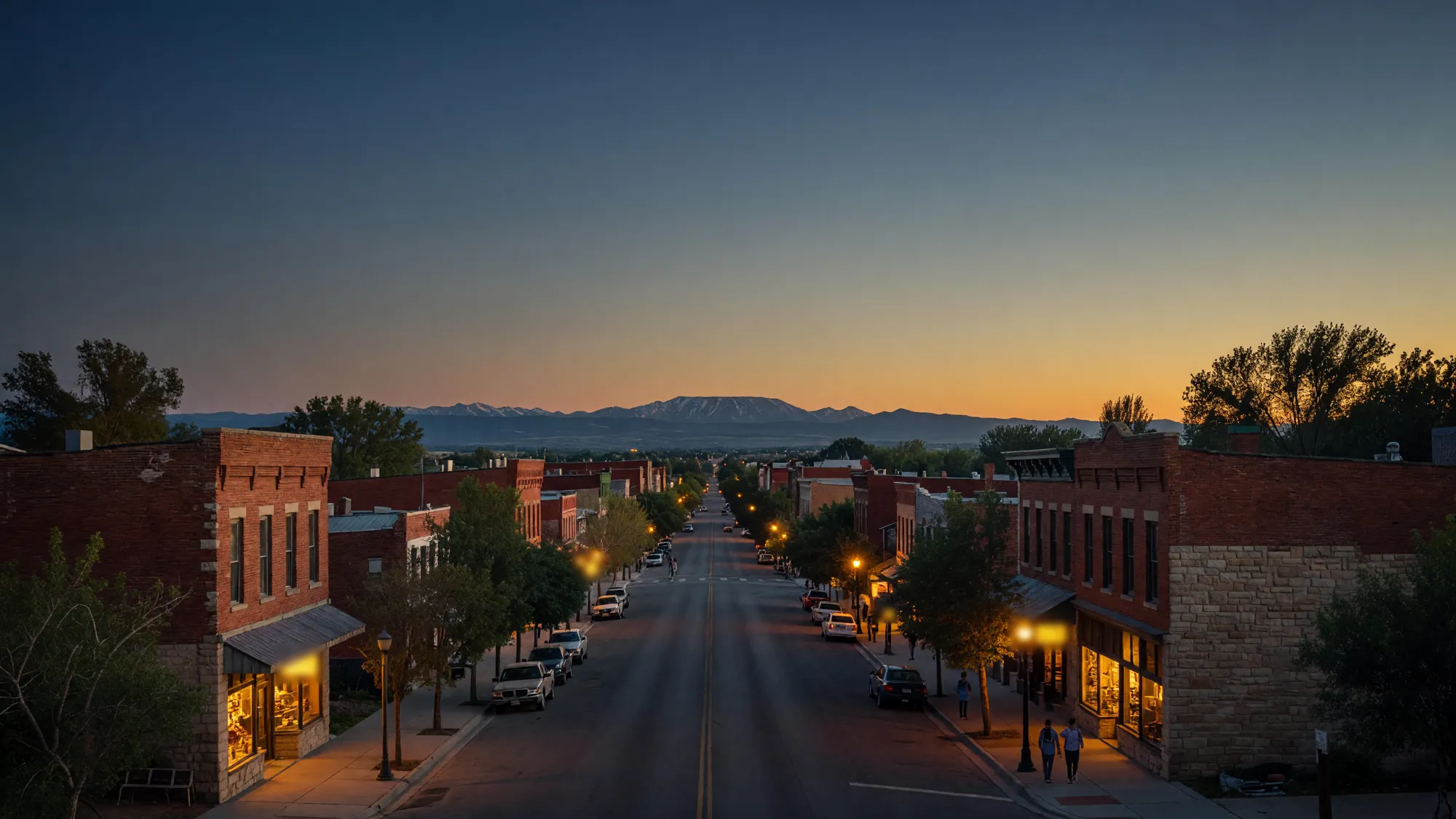 A brick main street at dusk with lit shop windows, the snowy Front Range and Longs Peak on the horizon