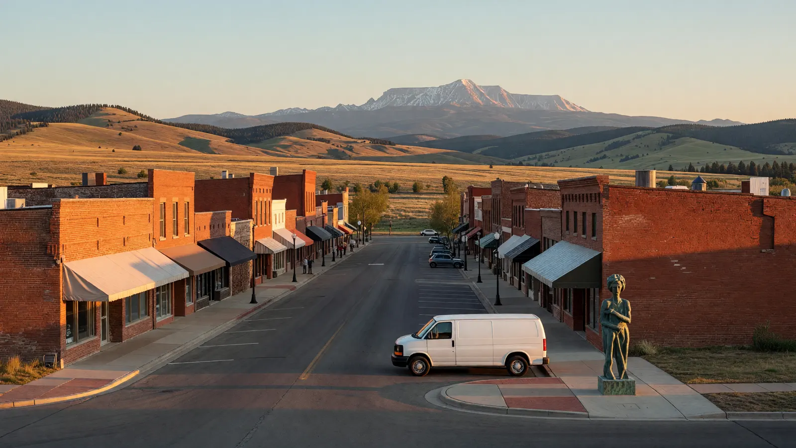 Brick storefronts on a small Colorado main street at sunset, a white work van at the curb, foothills and a snowy peak