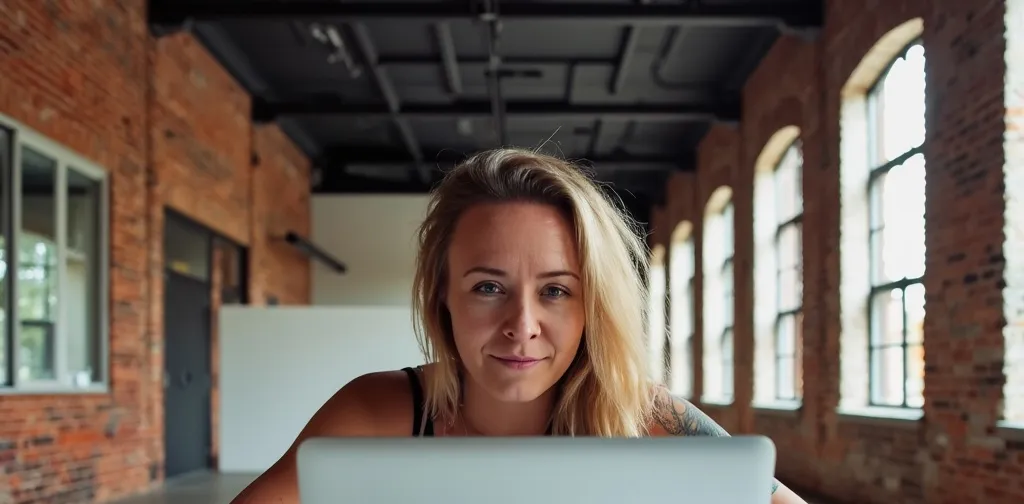 Katie Rutten at a laptop in a bright brick-walled room with tall arched windows, smiling at the camera