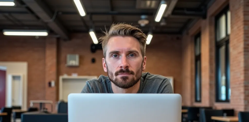 Kyle Rutten at a laptop in a bright brick-walled room, looking straight at the camera