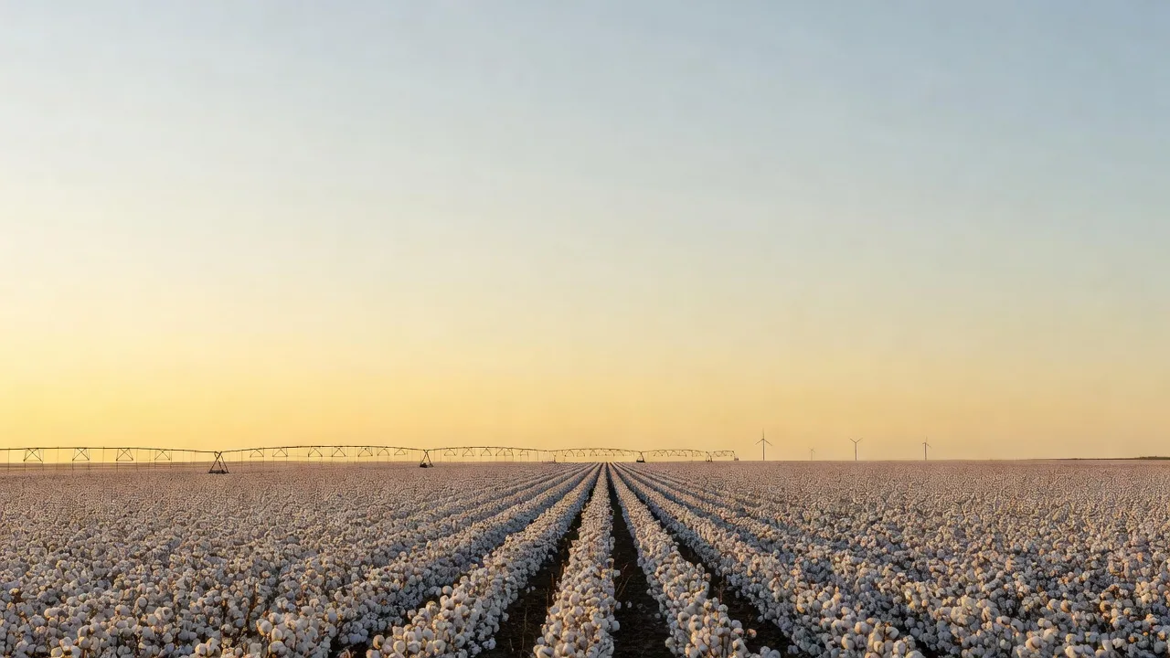 Open cotton bolls in a field on the flat South Plains at golden hour, an irrigation line crossing it