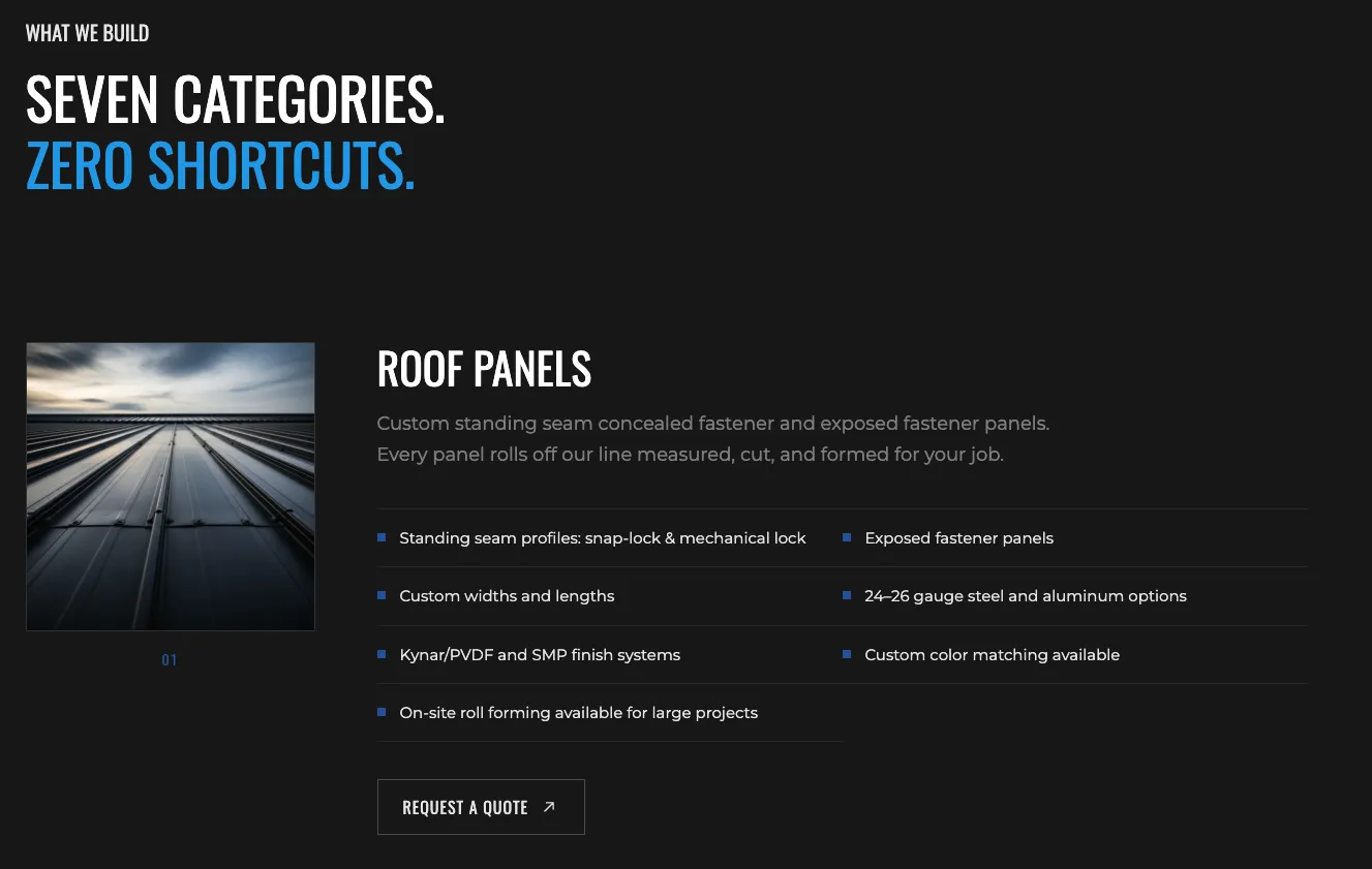 Full Scope Metals products page opening on roof panels, the first of seven categories, with a Request a Quote button