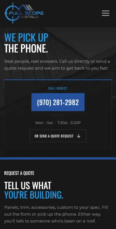 Full Scope Metals quote page on a phone: a direct call number above the quote request form