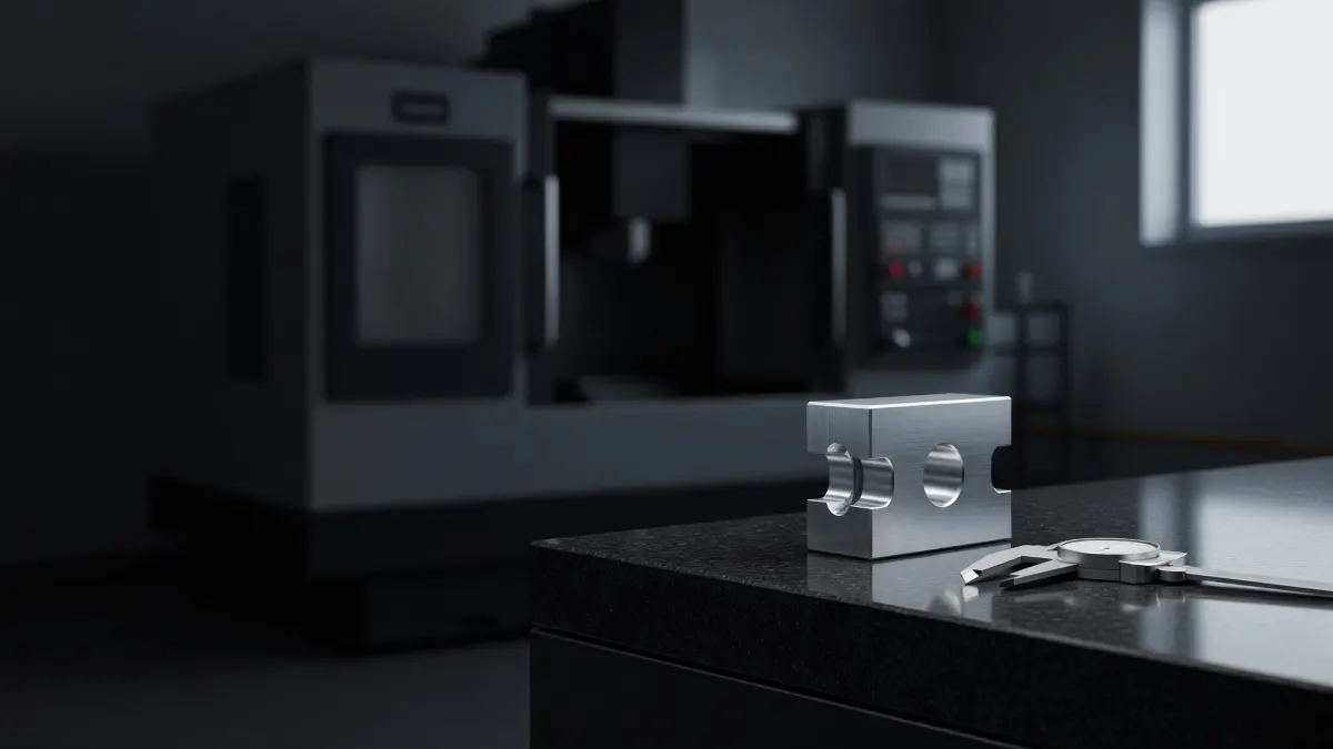Machined aluminum block on a granite inspection plate beside a dial caliper, a CNC machine blurred behind it