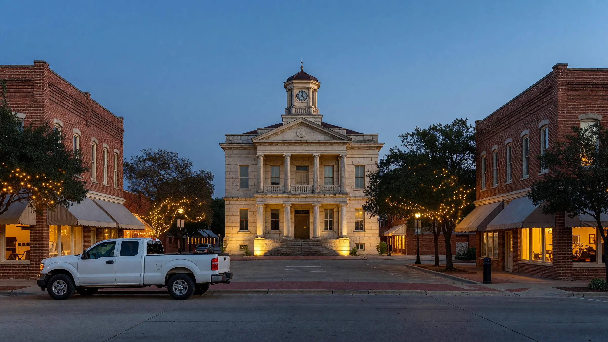 Historic courthouse square at dusk with lit brick storefronts and a white work truck at the curb