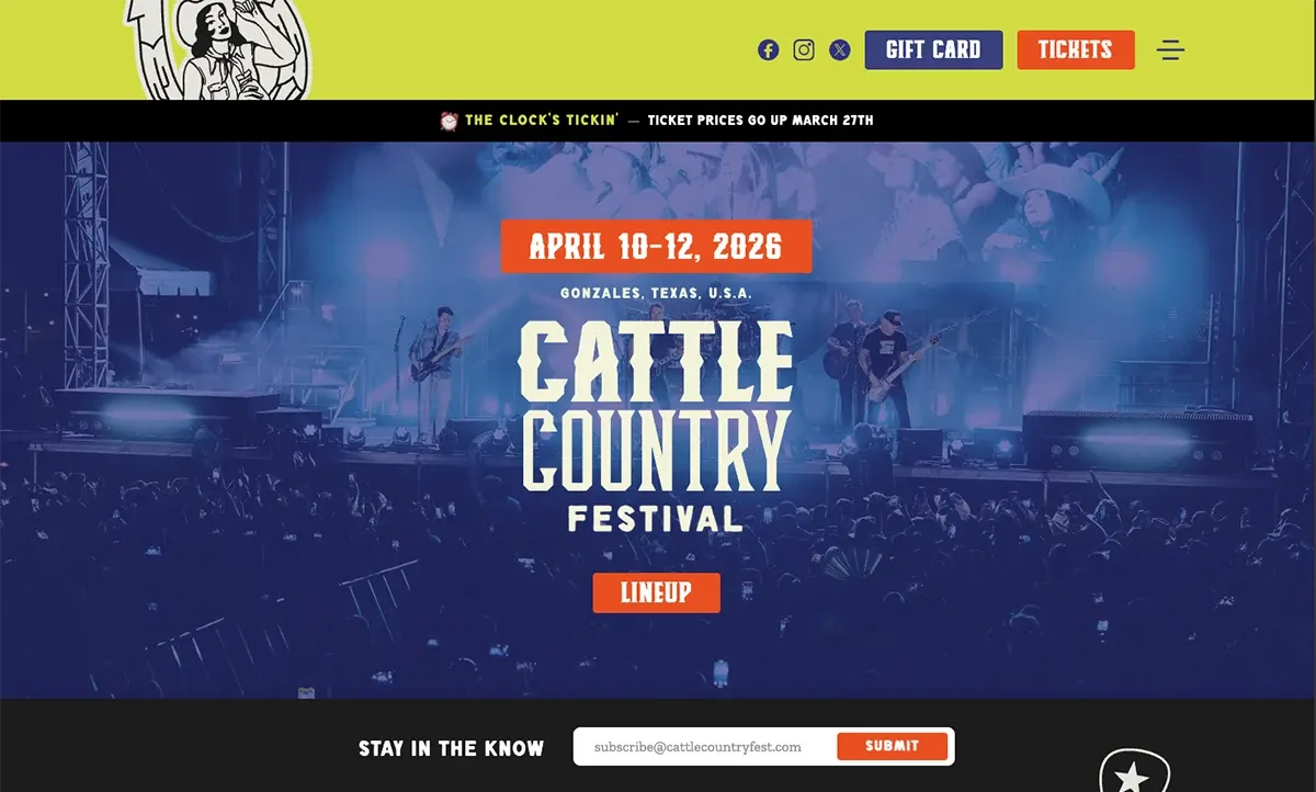 The Cattle Country Festival homepage we built: a blue-tinted photo of a band on stage before a big crowd, the festival dates and Gonzales, Texas above the name, a Lineup button, and Gift Card and Tickets buttons in the top bar.