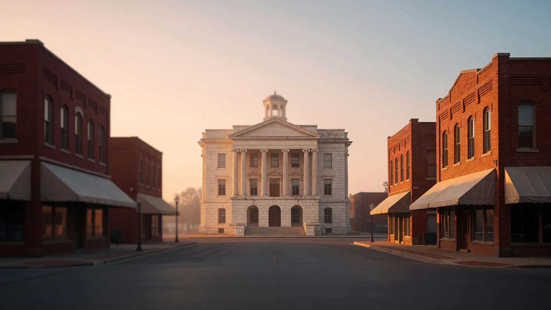Red-brick storefronts around the historic courthouse on McKinney's downtown square at golden hour