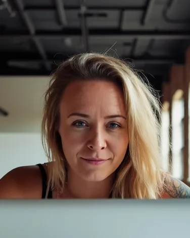 Katie Rutten, who runs Bullfinch projects and accounts, smiling over her laptop in a bright loft with brick walls