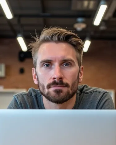 Kyle Rutten, who designs and builds Bullfinch websites, looking up from his laptop in a brick-walled office