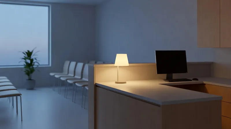 A clinic front desk after hours: one lamp lit, the monitor off, empty waiting room chairs by a dusk window