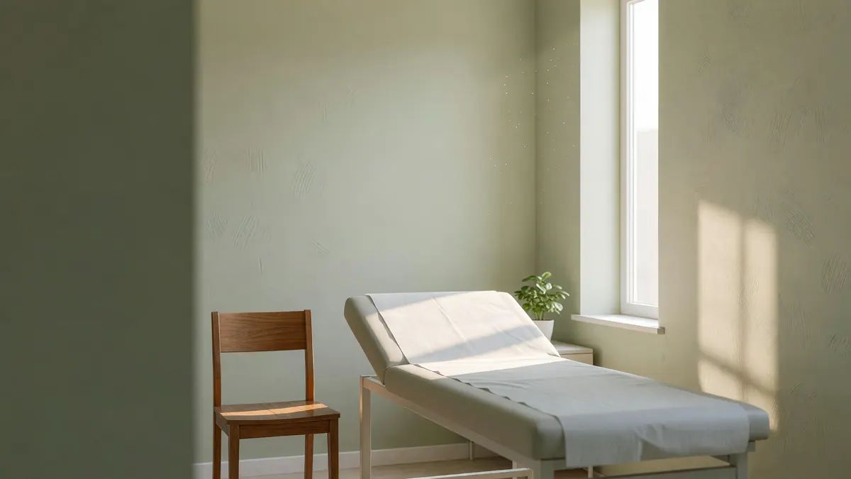 An empty exam room in morning light: a padded exam table with fresh paper, a wooden chair and a plant by the window