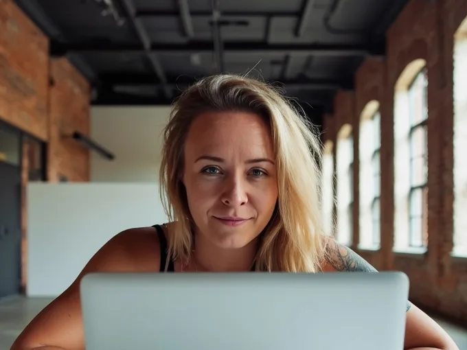 Katie, with long blond hair, smiling over an open laptop in a bright brick loft with tall arched windows