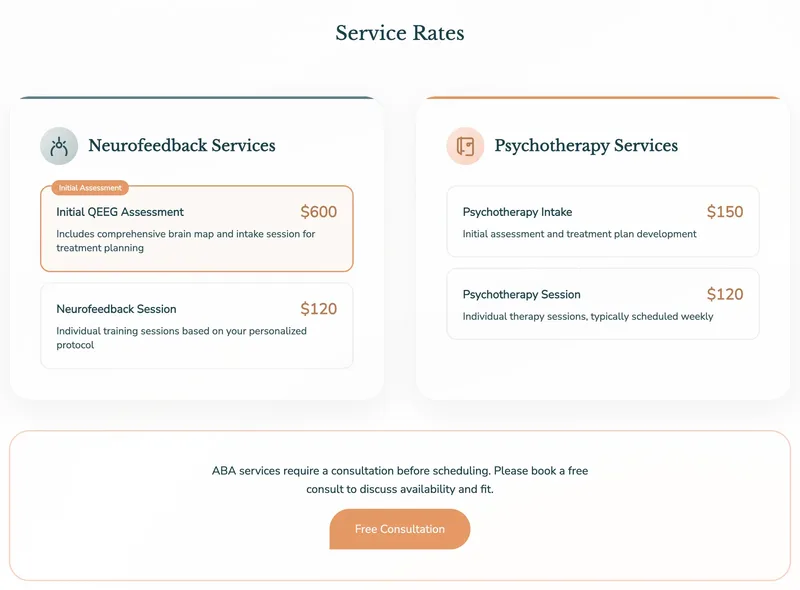 Lighthouse's Service Rates block: neurofeedback and psychotherapy prices, with ABA set by consultation