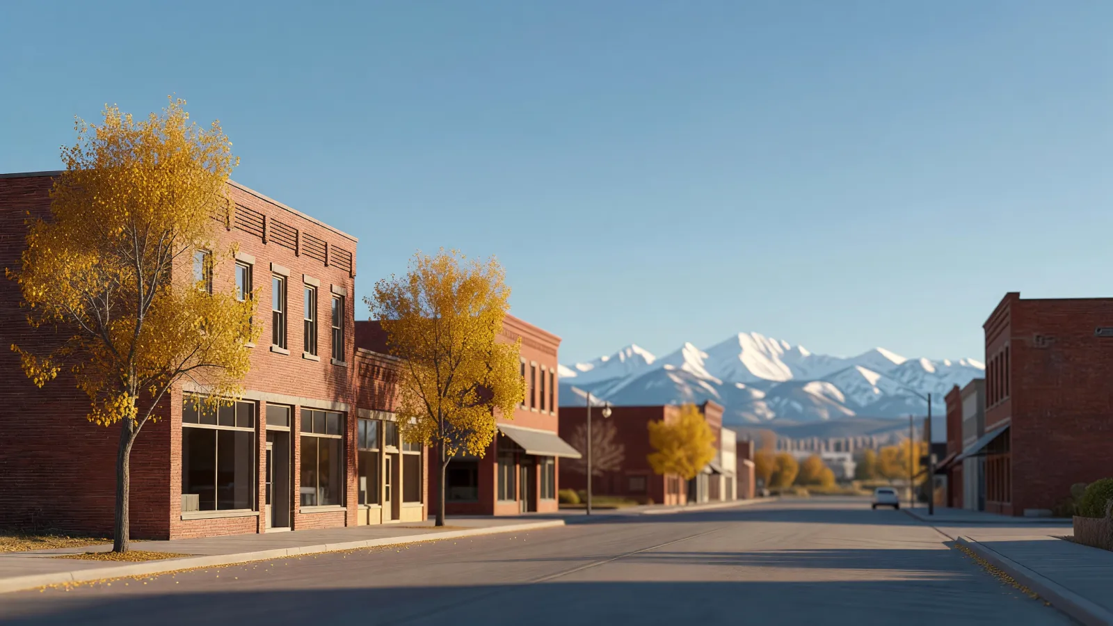 Brick storefronts on a downtown Montrose street in autumn, snow on the San Juan Mountains beyond