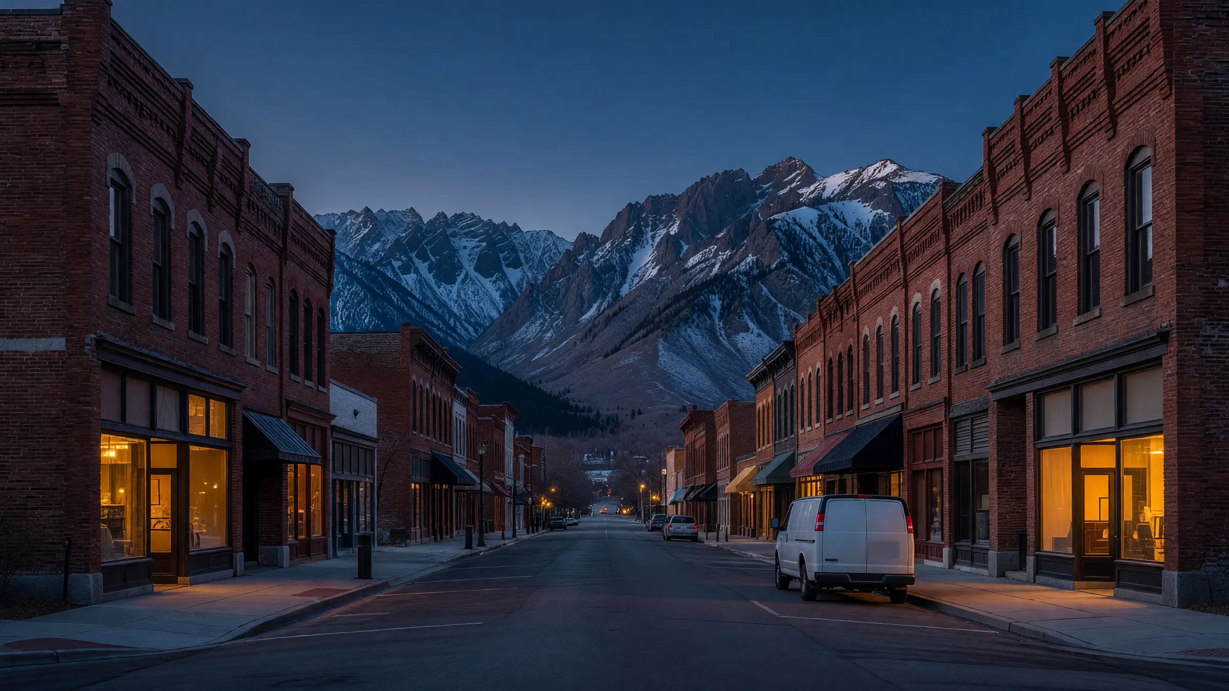Brick storefronts on a historic Ogden street at dusk, a white work van at the curb, Wasatch peaks behind