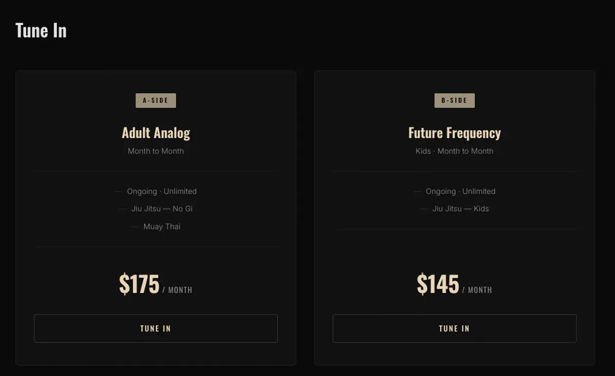 Analog Jiu Jitsu's pricing section: dark membership cards, each with a plan name, what it includes and a monthly price.