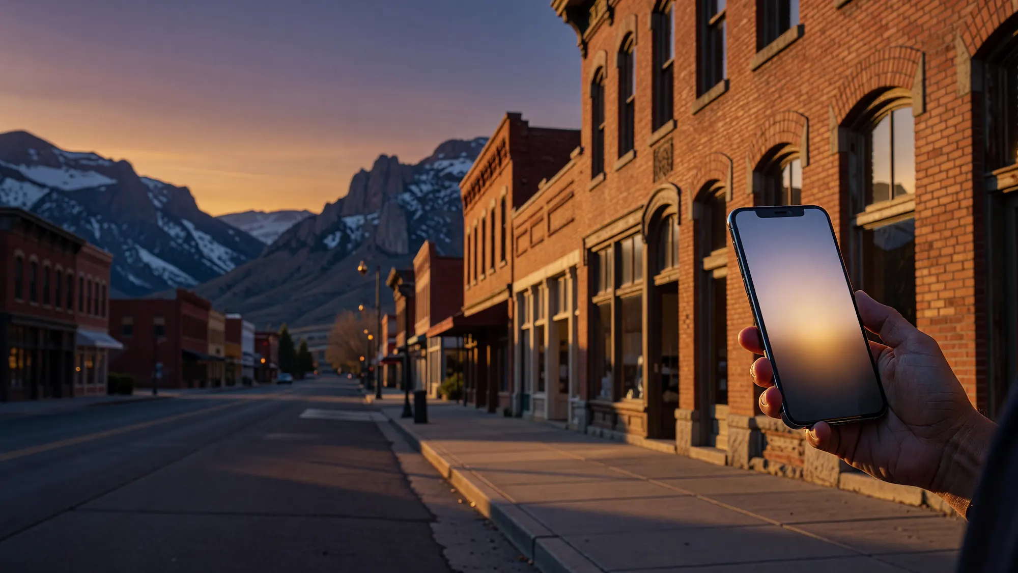 A hand holds a phone on a brick main street at golden hour, steep mountains rising right behind the street.