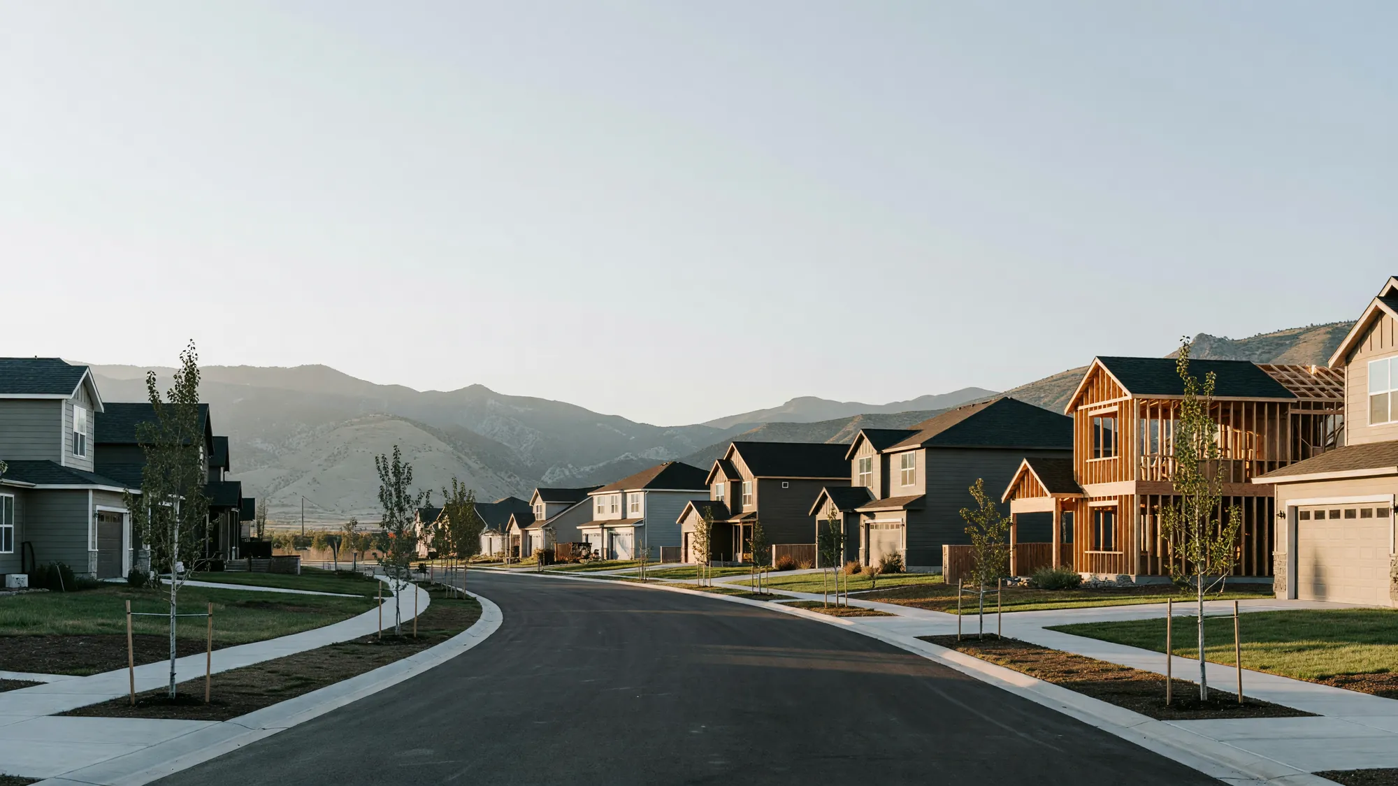 New houses and a timber frame on a fresh Utah County street at sunrise, young staked trees, Wasatch foothills behind