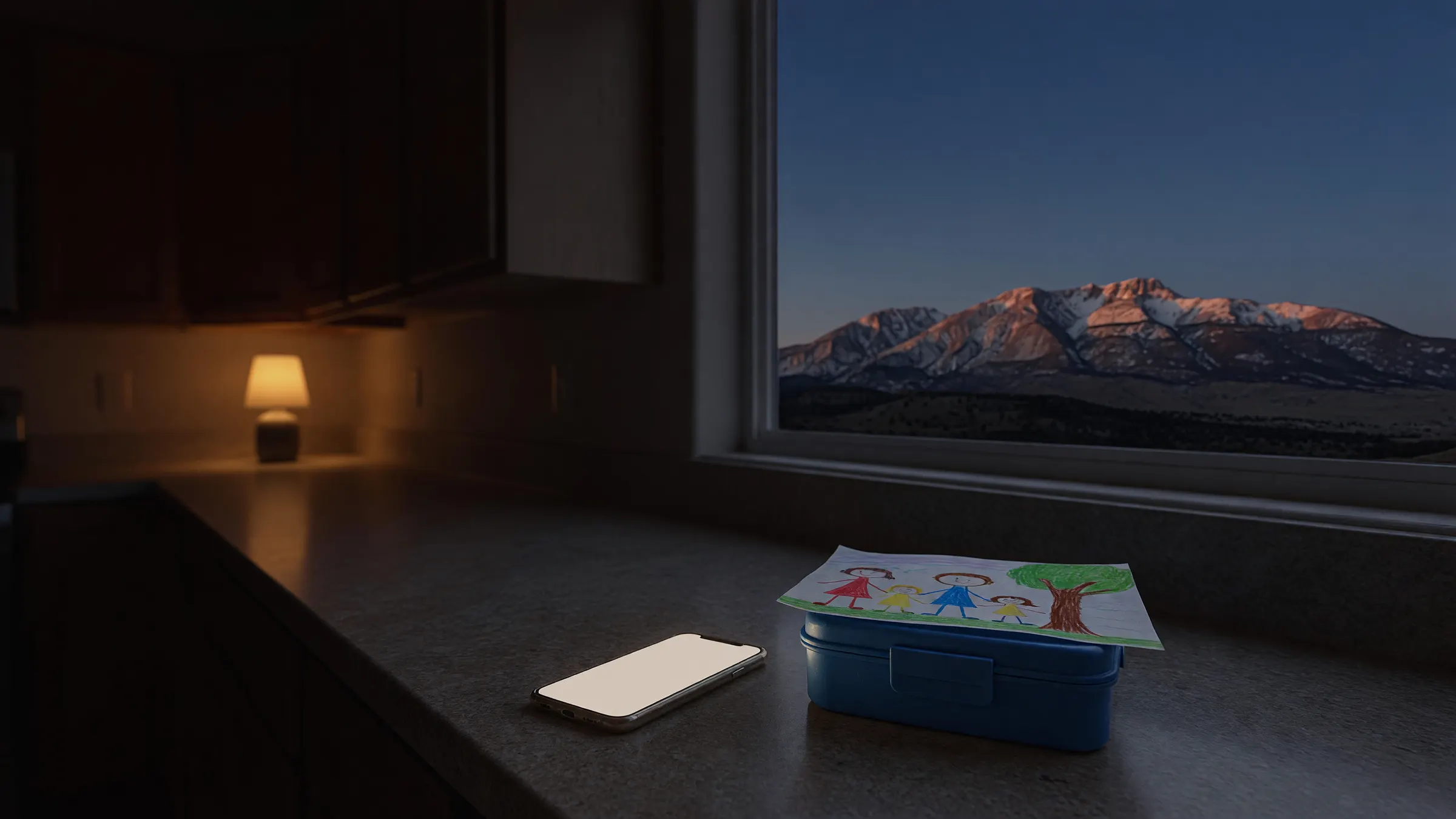 A family kitchen at dusk: a phone on the counter beside a lunchbox and a child's drawing, Mount Timpanogos in the window