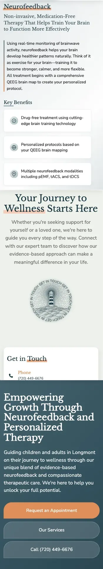 Lighthouse Therapeutics on a phone: a service page, the contact page, then the home page with Request an Appointment first