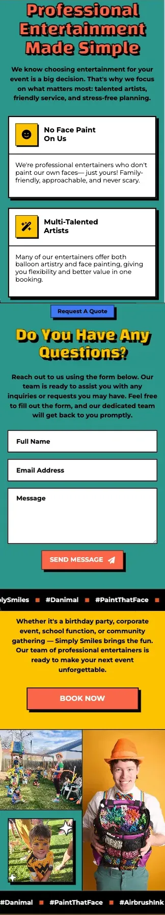 Simply Smiles on a phone: the about page, the contact form, then the Book Now button above party photos