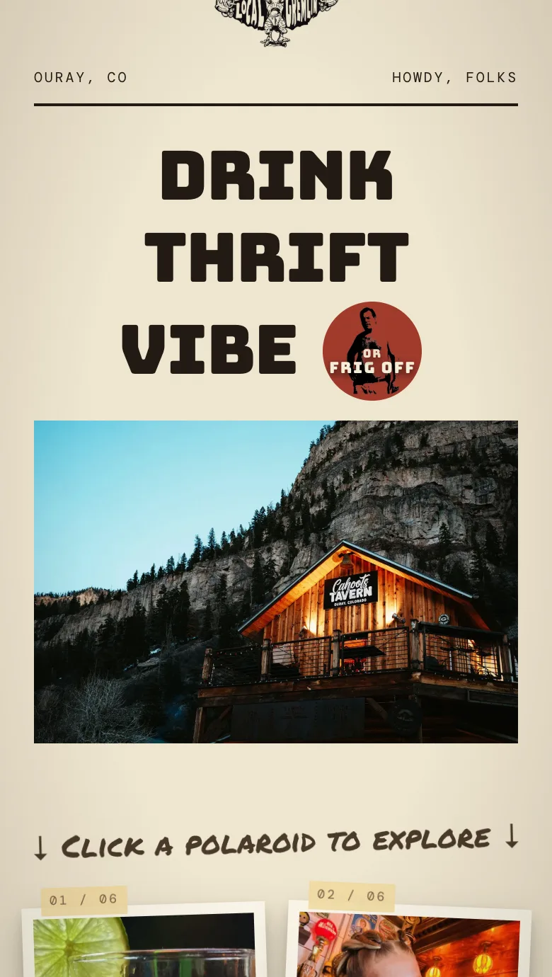 Cahoots Tavern's home page on a phone: big hand-lettered words above a photo of the timber tavern at dusk