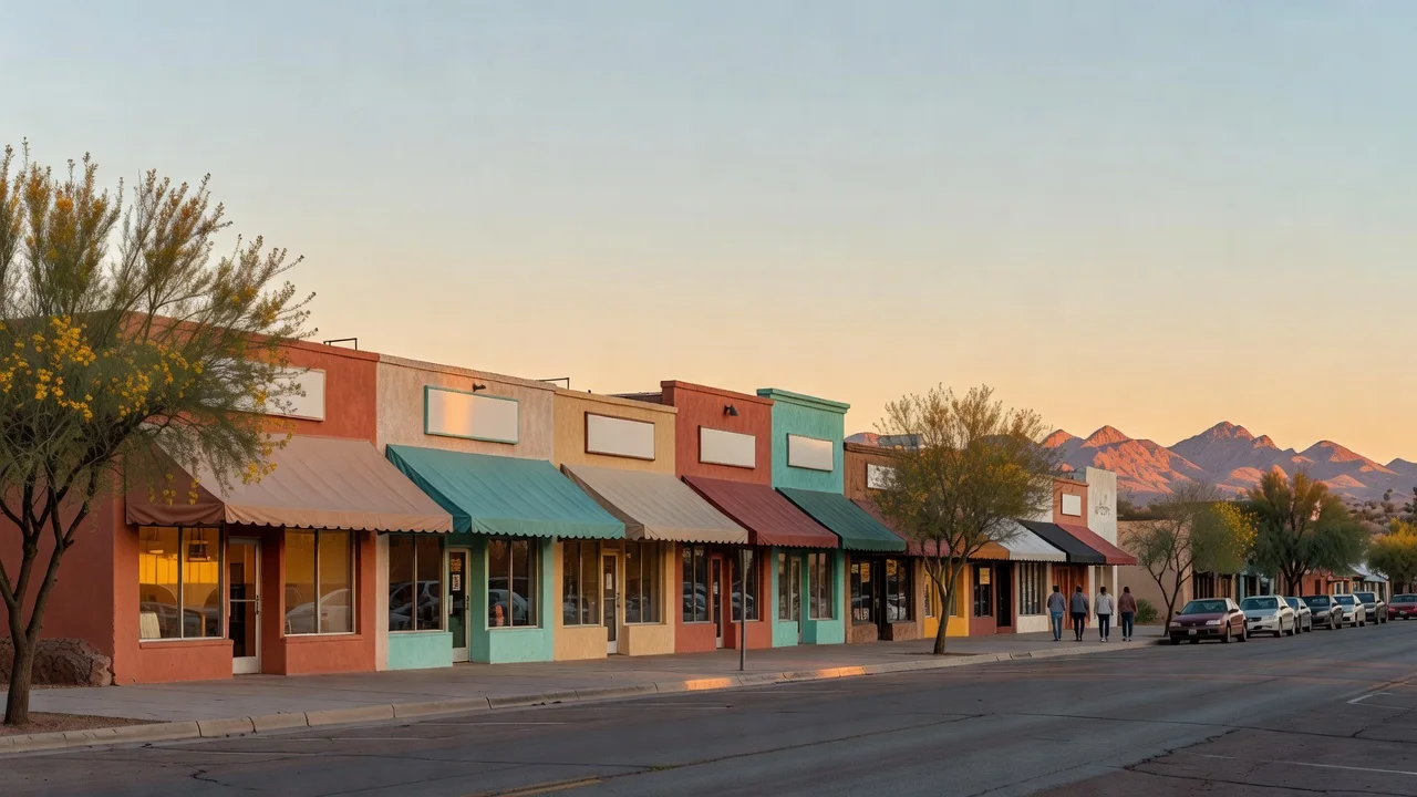 Low stucco storefronts with shade awnings under a desert ridge at dusk, a palo verde in bloom