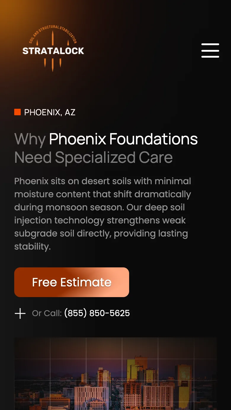 StrataLock's Phoenix page on a phone: a headline on why Phoenix foundations need care, and an orange estimate button