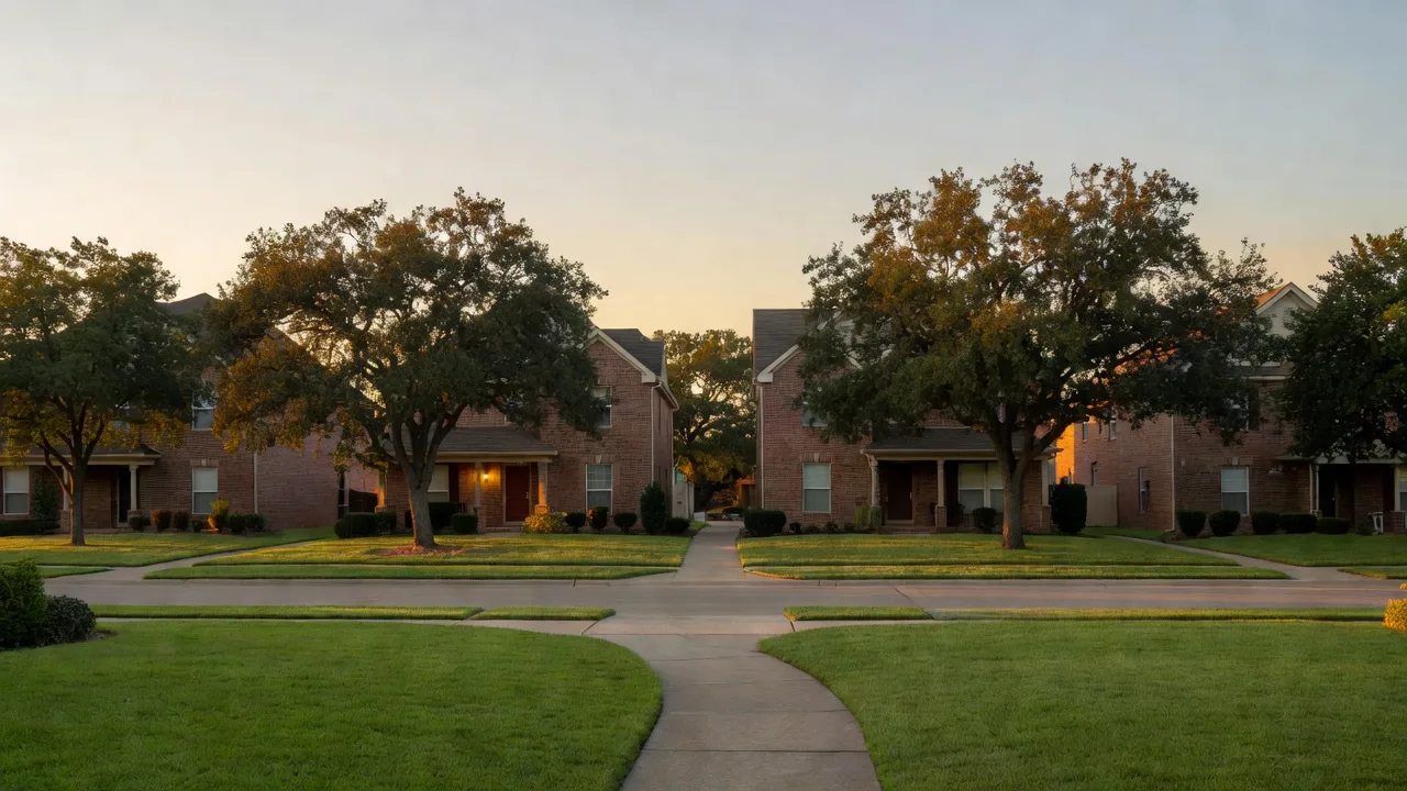 Brick two-story homes under live oaks on a Plano street in early evening light
