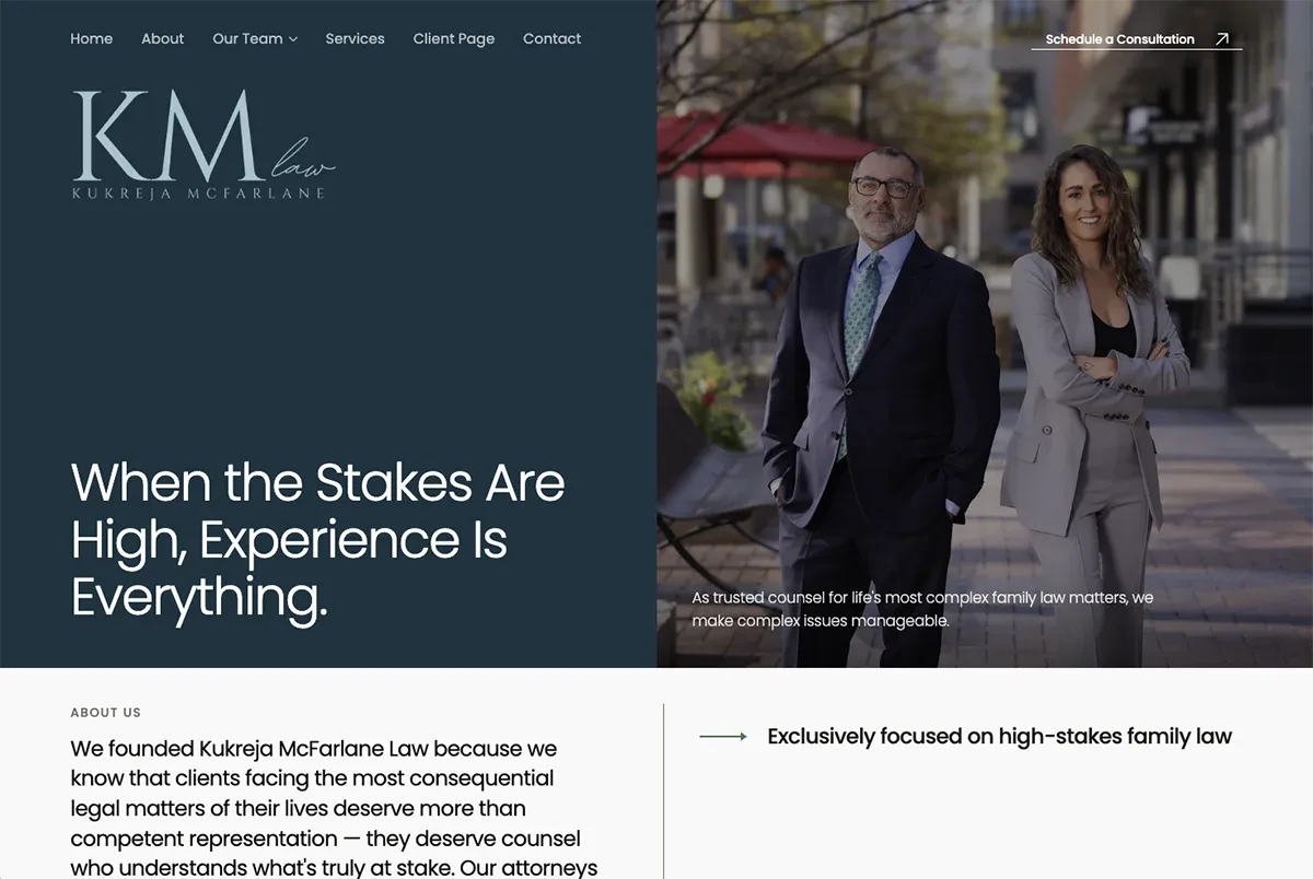 KM Law desktop homepage: 'When the Stakes Are High, Experience Is Everything.' beside a photo of the two partners