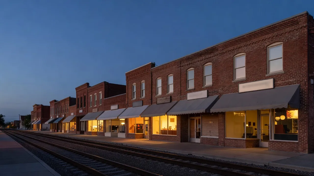 Red-brick storefronts with lit windows along historic 15th Street in Downtown Plano at dusk, beside the light-rail line