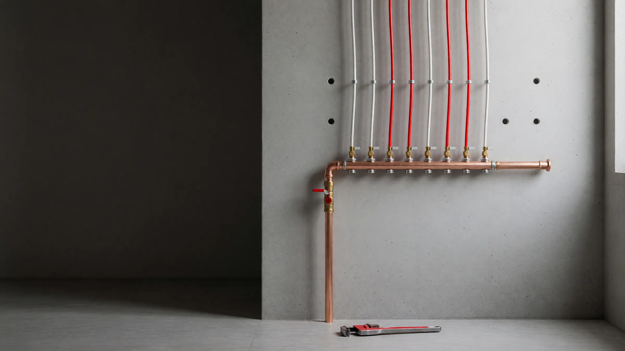 Newly installed copper and PEX water manifold with brass shutoff valves on a concrete wall, pipe wrench on the floor