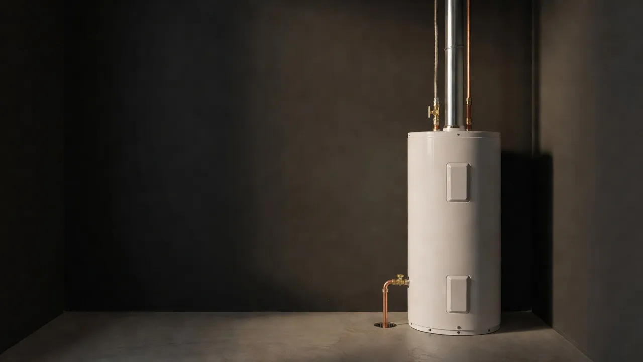 Newly installed white water heater with copper and braided supply lines and a shutoff valve in a dark utility room